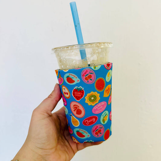 Iced Coffee Sleeve, Colorful Fruit Stickers Pattern